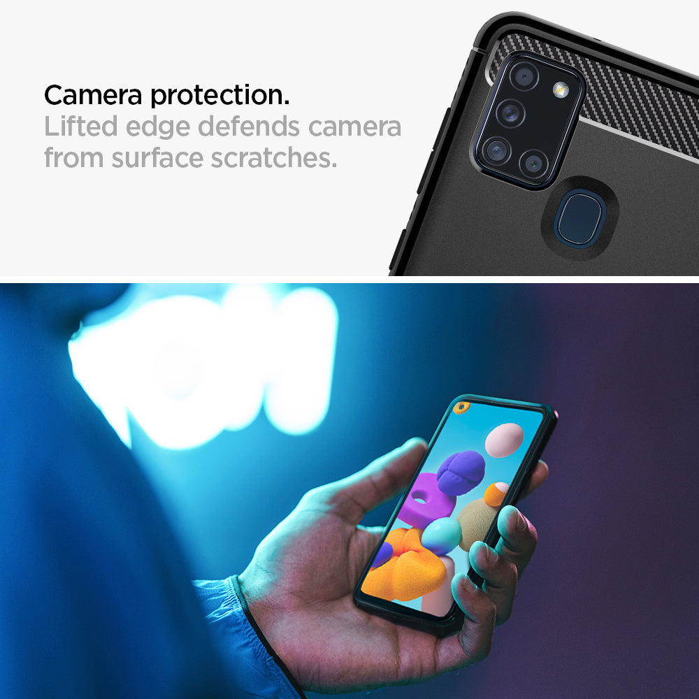ACS00974 - Galaxy A21s Case Rugged Armor in Matte Black showing the camera protection. Lifted edge defends camera from surface scratches