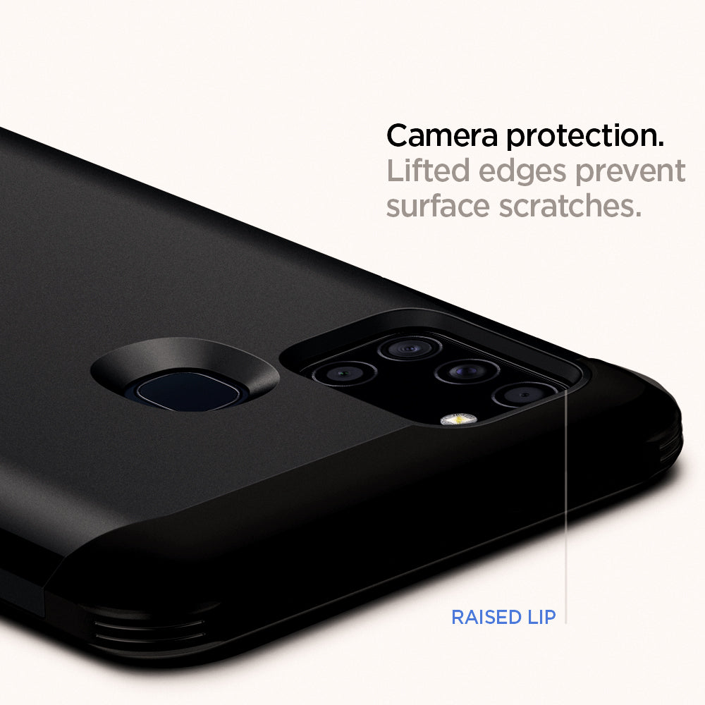 ACS00977 - Galaxy A21s Case Tough Armor in Metal Slate showing the camera protection. Lifted edges prevent surface scratches with raised lip