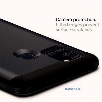 ACS00977 - Galaxy A21s Case Tough Armor in Metal Slate showing the camera protection. Lifted edges prevent surface scratches with raised lip
