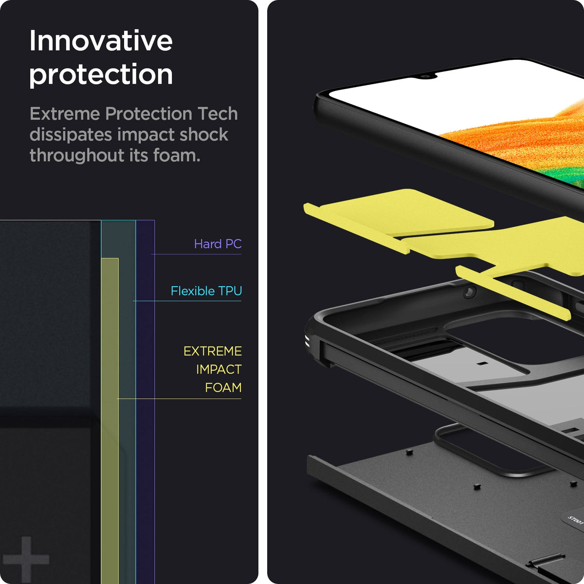 ACS04319 - Galaxy A33 5G Case Tough Armor in Black showing the innovative protection. Extreme Protection Tech dissipates impact shock throughout its foam. Hard PC Flexible TPU, Flexible TPU and Extreme Impact Foam