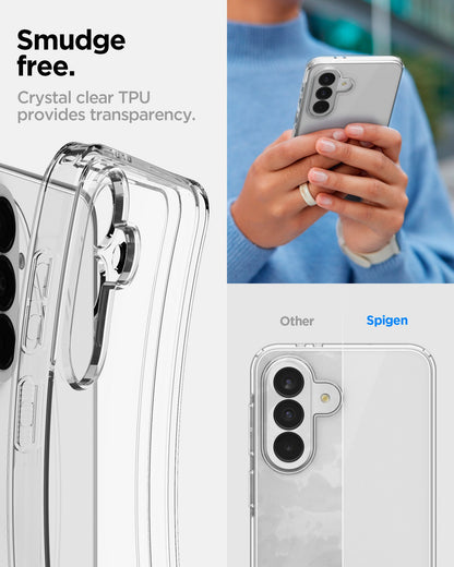 ACS11132 - Spigen Liquid Crystal Galaxy A37 5G Crystal Clear case showing smudge-free transparency compared to competitor case
