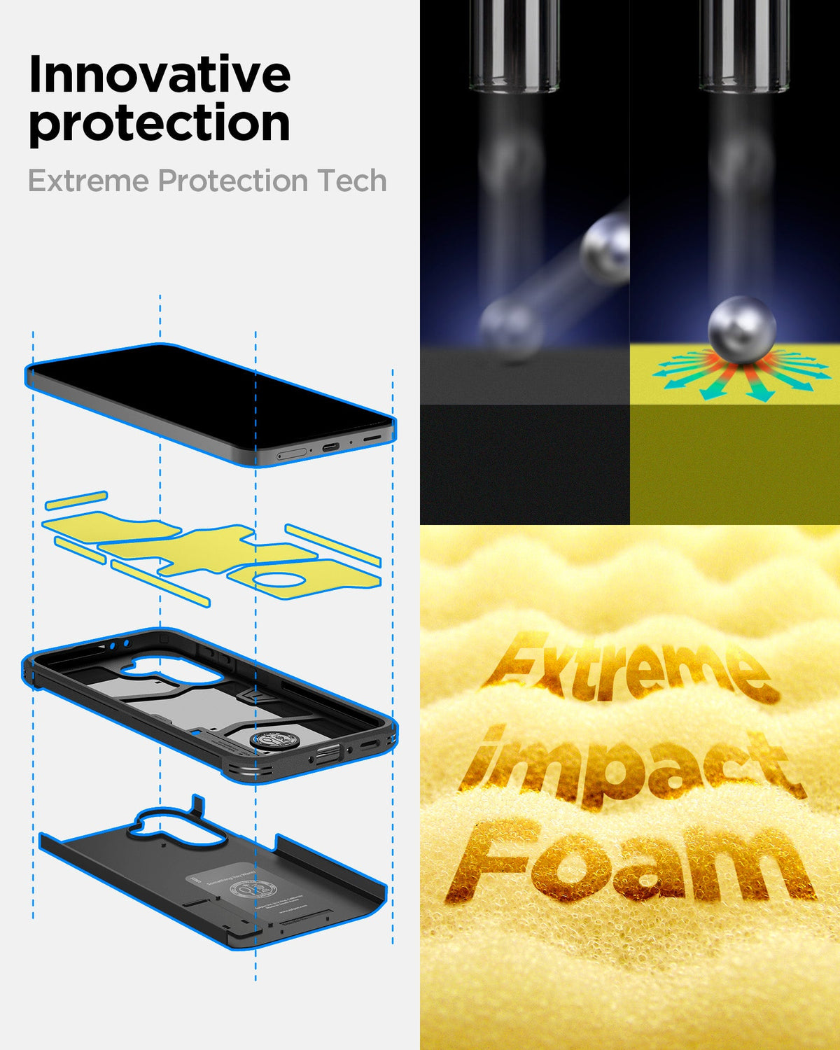 ACS11131 - Spigen Tough Armor Galaxy A37 5G case exploded view showing Extreme Protection Tech layers with impact foam interior