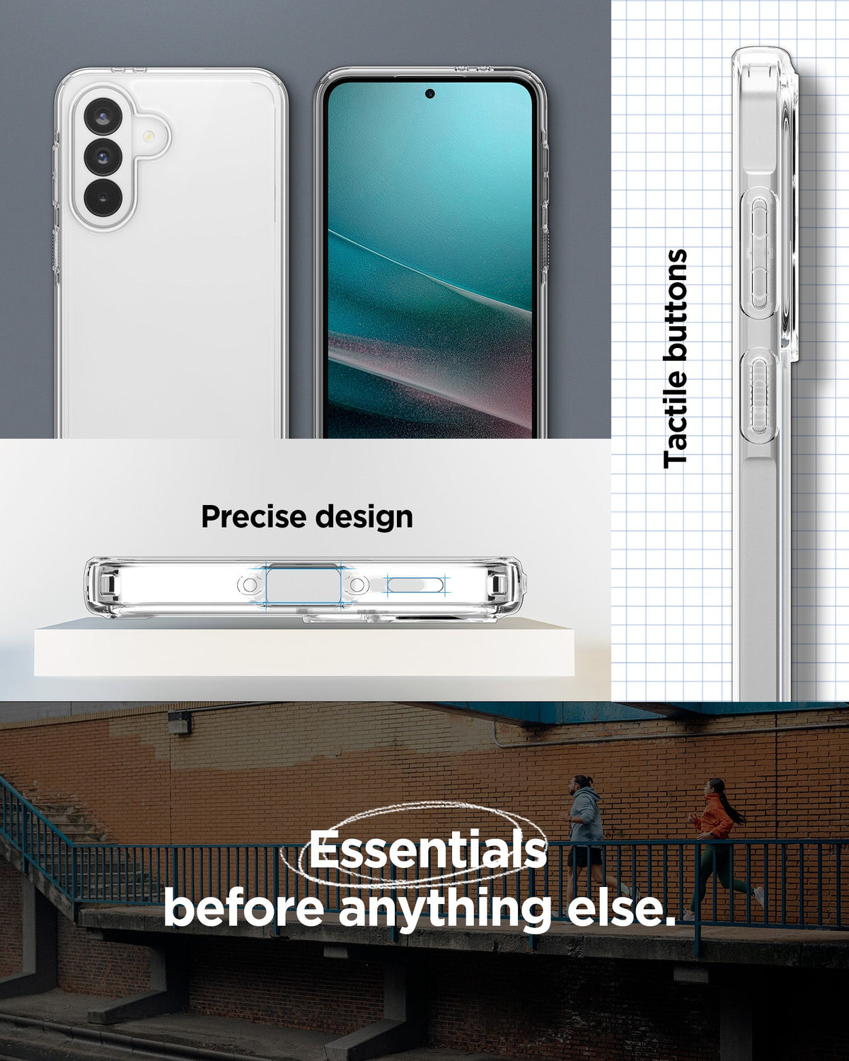 ACS11133 - Spigen Ultra Hybrid Galaxy A37 5G case in Crystal Clear showing front and back views, precise port cutouts, and clear tactile side buttons