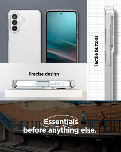 ACS11133 - Spigen Ultra Hybrid Galaxy A37 5G case in Crystal Clear showing front and back views, precise port cutouts, and clear tactile side buttons