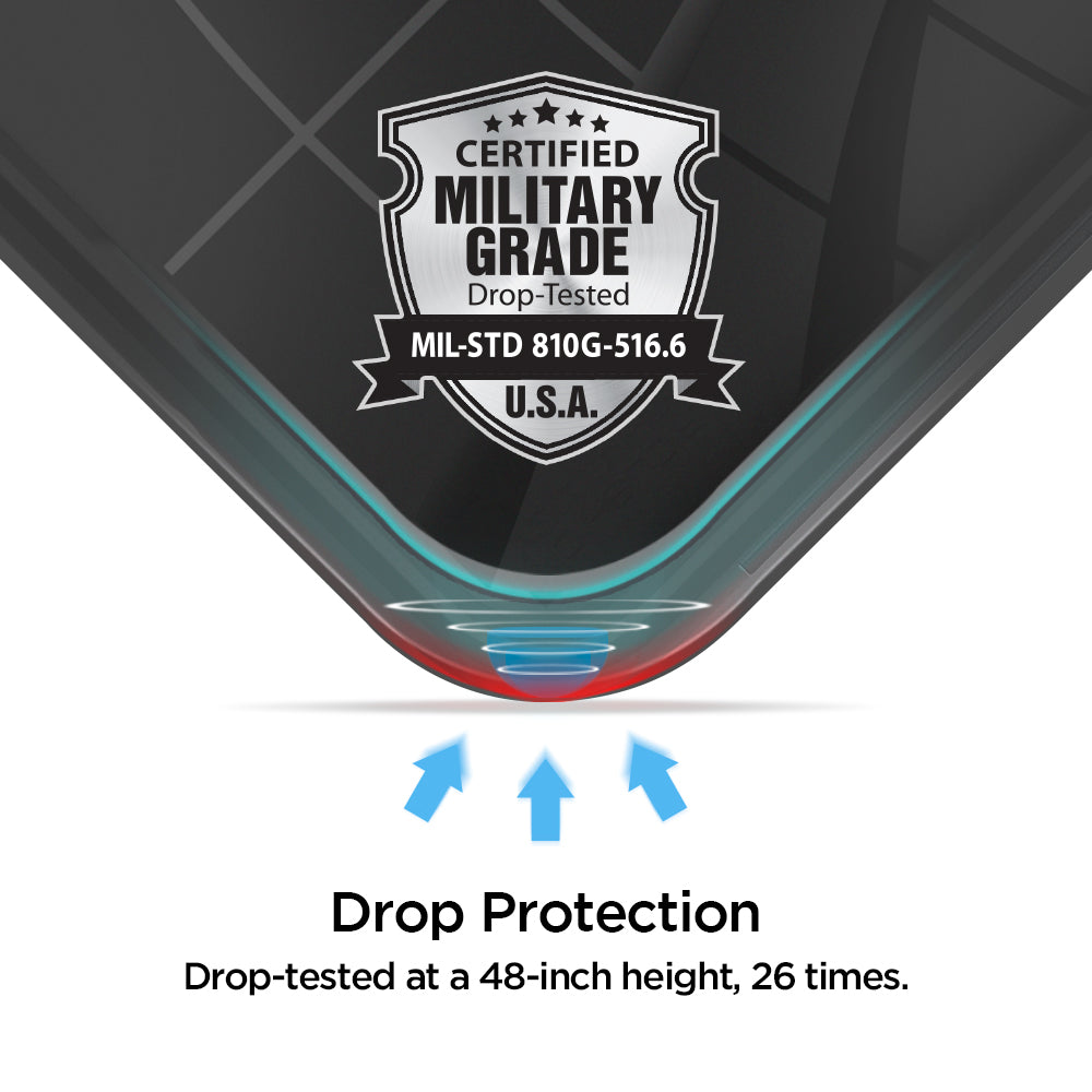 611CS26021 - Galaxy A50 Case Slim Armor in Metal Slate showing the drop protection. Drop-tested at a 48-inch height, 26 times