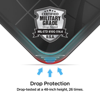 611CS26021 - Galaxy A50 Case Slim Armor in Metal Slate showing the drop protection. Drop-tested at a 48-inch height, 26 times