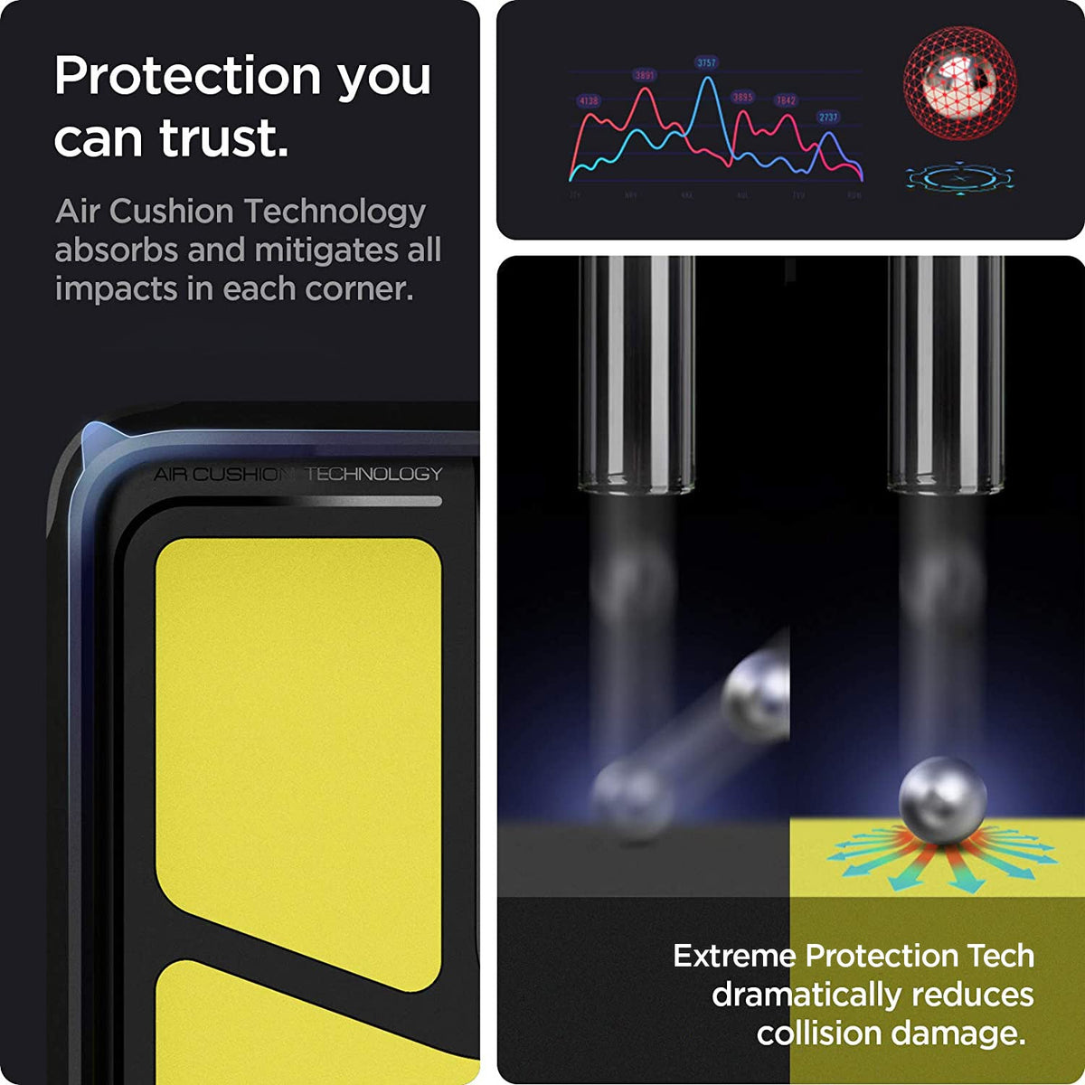 ACS02319 - Galaxy A52 Case Tough Armor in Black showing the protection you can trust. Air Cushion Technology absorbs and mitigates all impacts in each corner. Extreme impact foam dramatically reduces collision damage