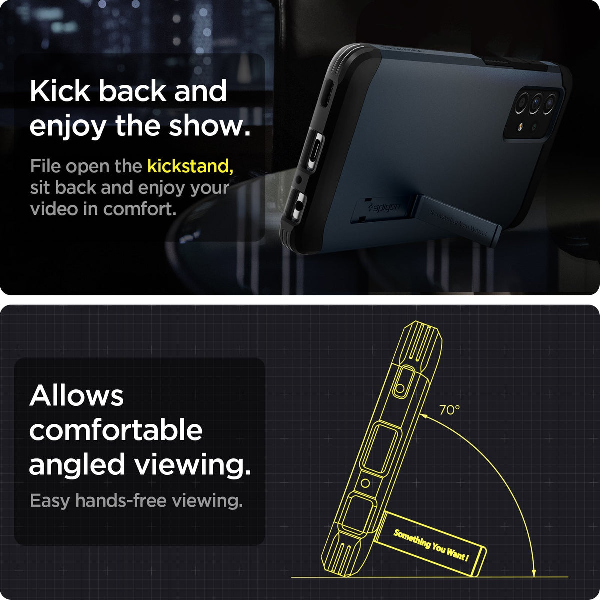 ACS02320 - Galaxy A52 Case Tough Armor in Metal Slate showing the built-in kickstand that allows a comfortable angled easy hands-free viewing