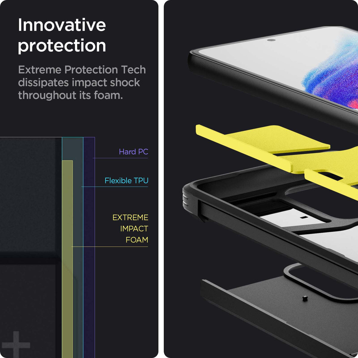 ACS04255 - Galaxy A53 5G Case Tough Armor in Black showing the innovative protection. Extreme Protection Tech dissipates impact shock throughout its foam. Hard PC Flexible TPU, Flexible TPU and Extreme Impact Foam