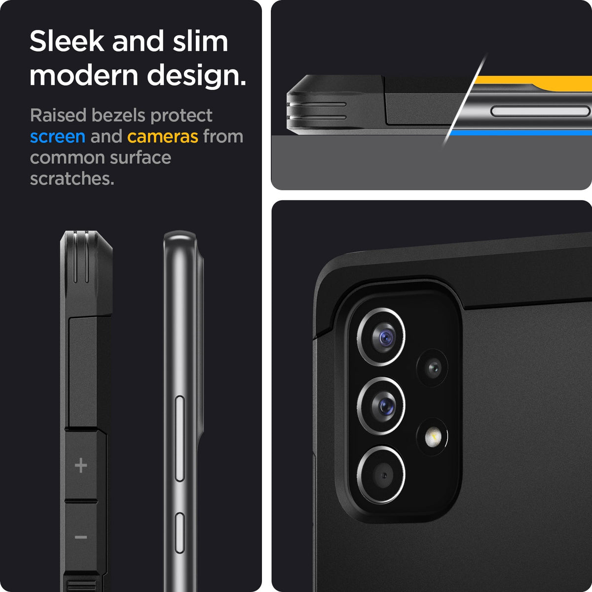 ACS04255 - Galaxy A53 5G Case Tough Armor in Black showing the sleek and slim modern design. Raised bezels protect screen and cameras from common surface scratches