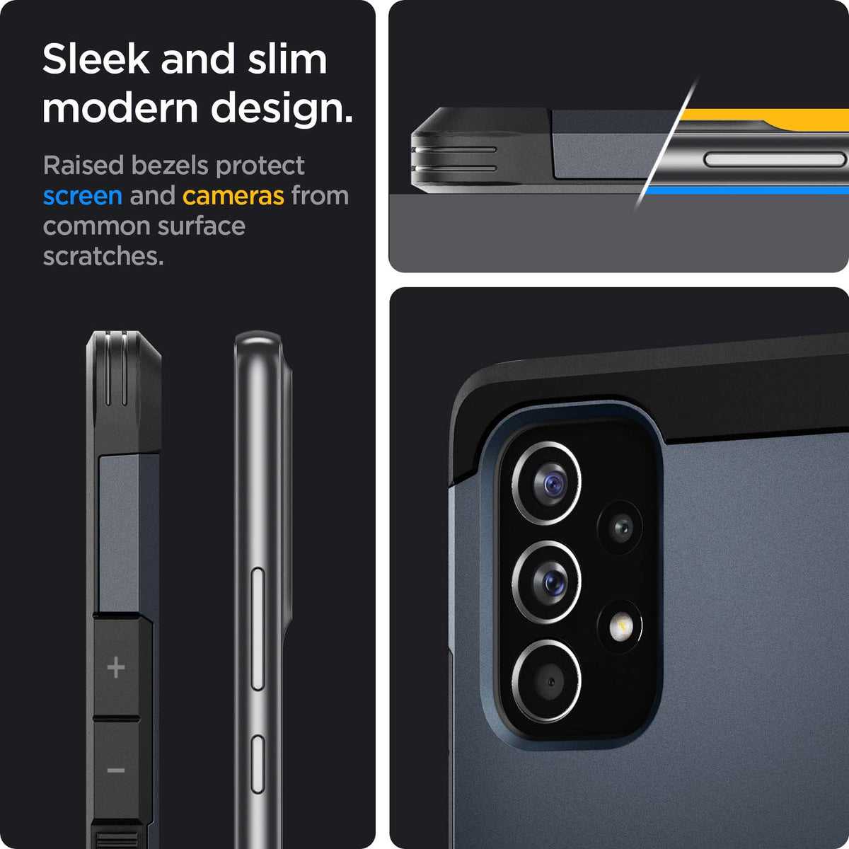 ACS04256 - Galaxy A53 5G Case Tough Armor in Metal Slate showing the sleek and slim modern design. Raised bezels protect screen and cameras from common surface scratches
