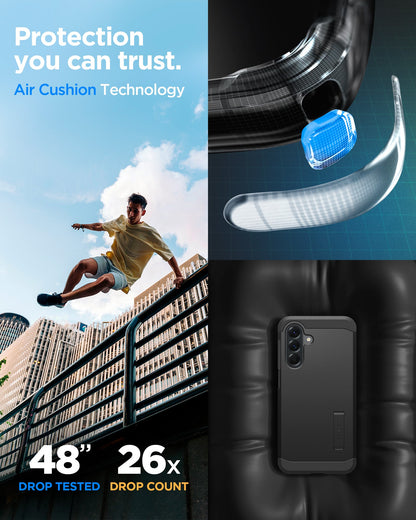 ACS09294 - Galaxy A56 5G Case Tough Armor in Black showing the protection you can trust. Air Cushion Technology. 48" drop tested | 26x drop count