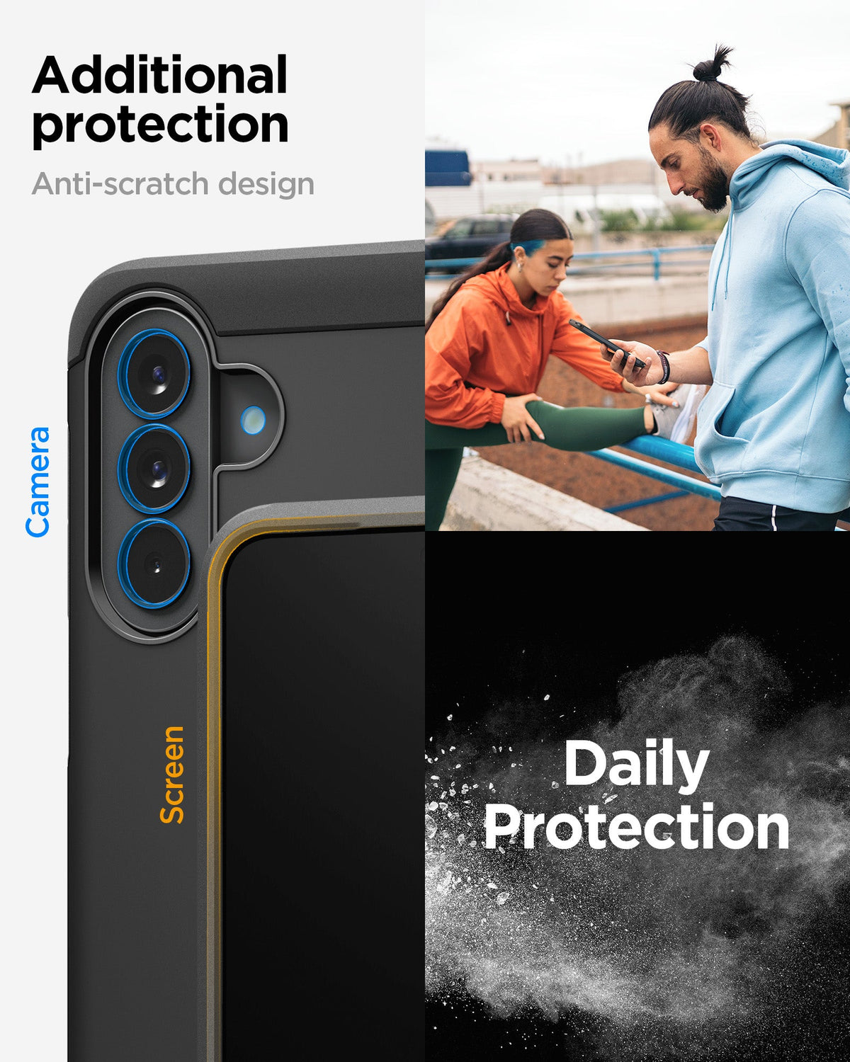 ACS11125 - Spigen Tough Armor Galaxy A57 5G case in Black showing raised camera and screen lip protection with anti-scratch design callouts
