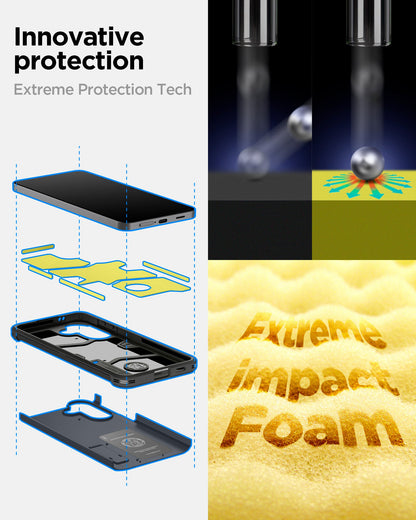ACS11126 - Spigen Tough Armor case exploded view showing Extreme Protection Tech layers with impact foam interior