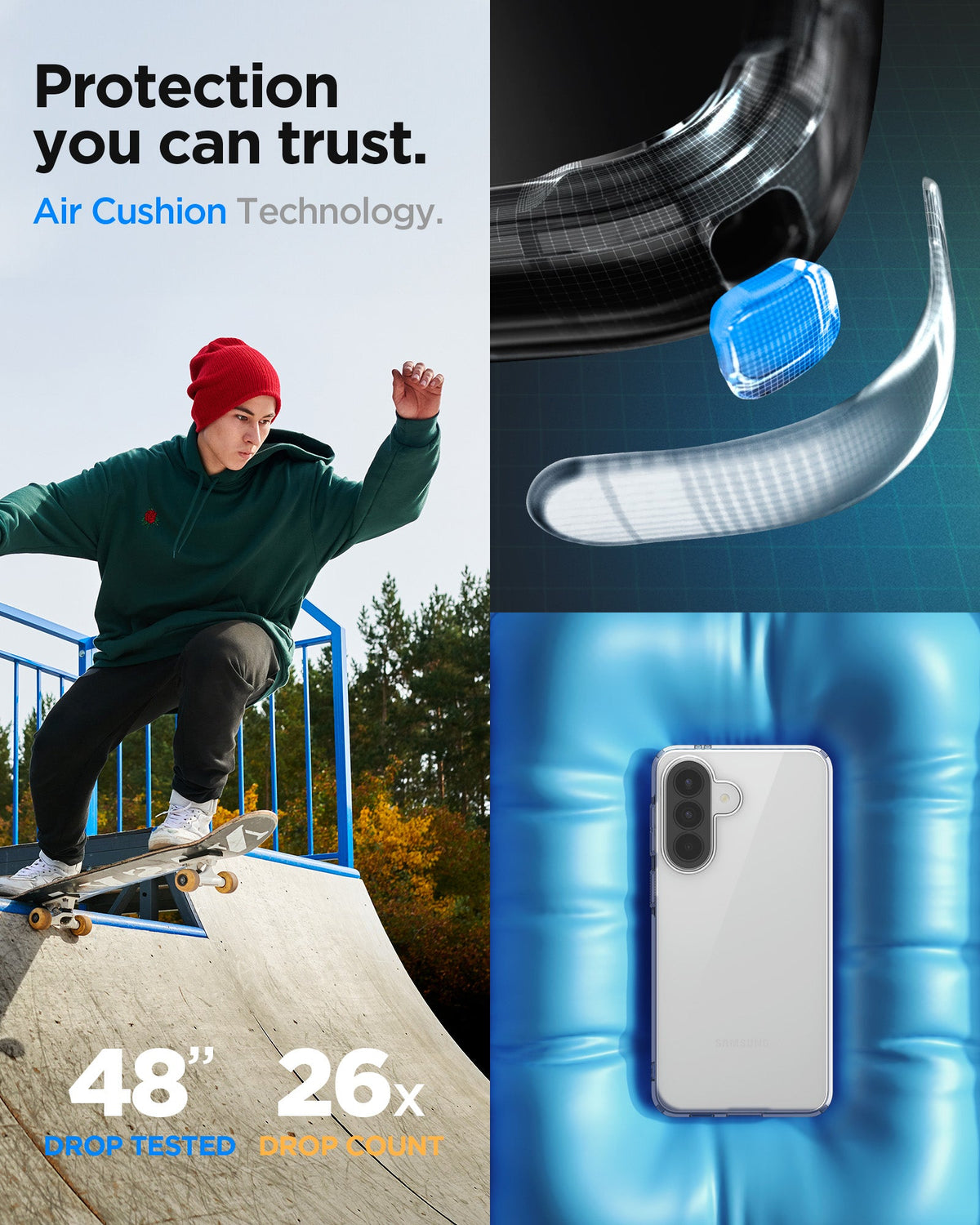 ACS11127 - Spigen Liquid Crystal Galaxy A57 5G case with Air Cushion Technology corner detail - 48 inch drop tested, 26x drop count