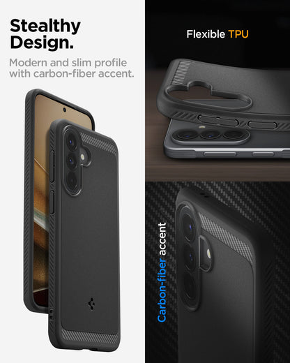 ACS09794 - Spigen Rugged Armor Galaxy A57 5G case showcasing slim profile, flexible TPU construction, and carbon fiber accent detail