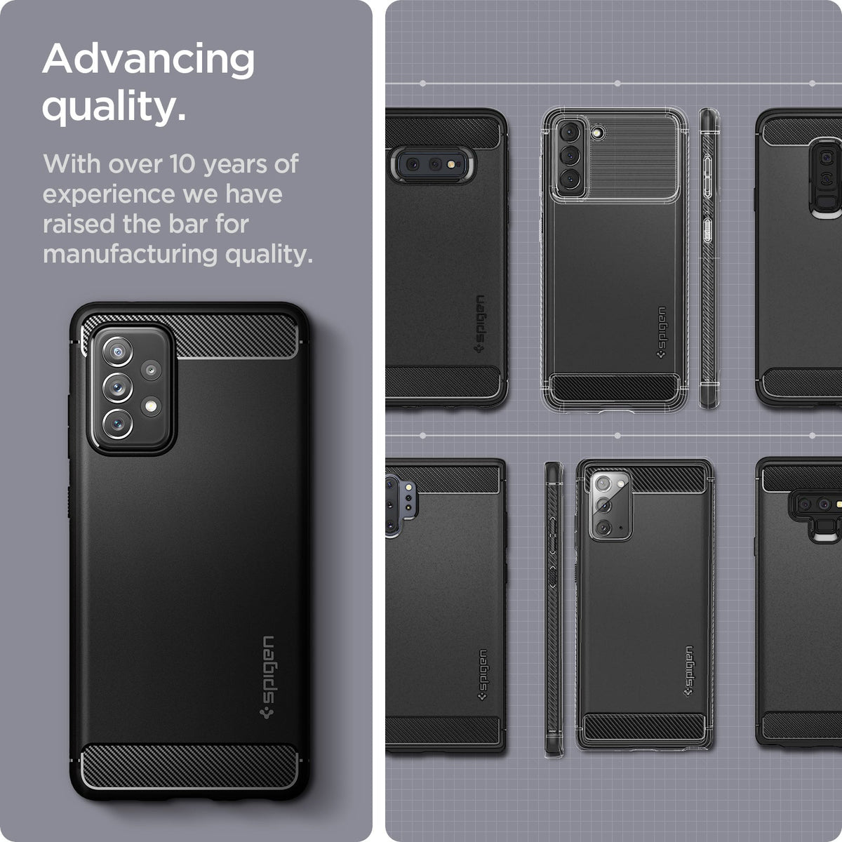 ACS02324 - Galaxy A72 Case Rugged Armor in Matte Black showing the advancing quality. With over 10 years of experience we have raised the bar for manufacturing quality