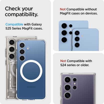 AFA09207 - Galaxy S25 Series Ultra Hybrid MagFit+ Wallet (MagFit) in Crystal Clear showing the compatibility. Compatible with Galaxy S25 Series MagFit cases. Not compatible without MagFit cases on devices | Not compatible with S24 series or older