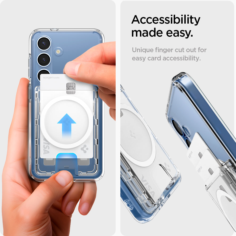 AFA09207 - Galaxy S25 Series Ultra Hybrid MagFit+ Wallet (MagFit) in Crystal Clear showing the accessibility made easy. Unique finger cut out for easy card accessibility