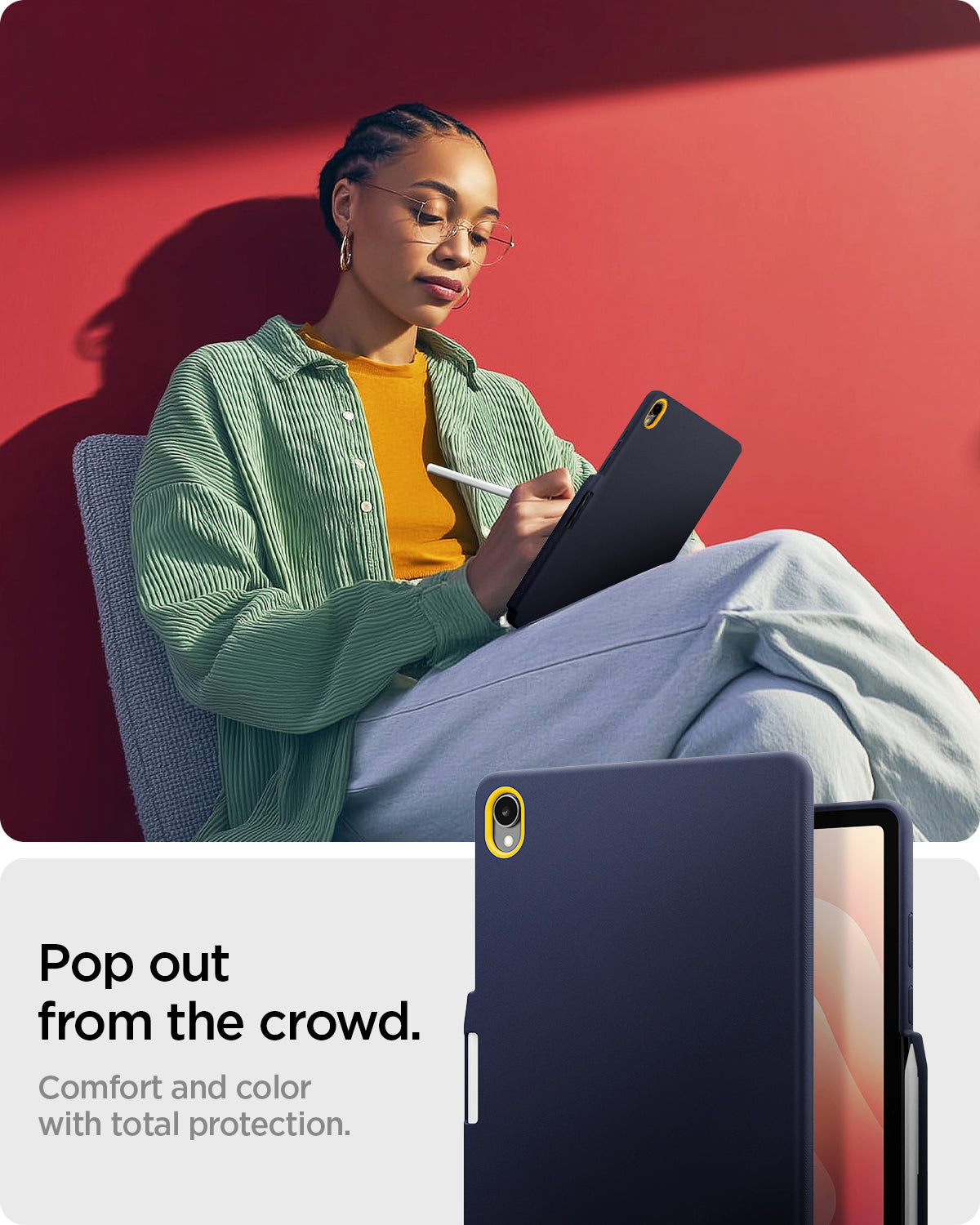 ACS10215 - Galaxy Tab S11 Nano Pop in Blueberry Navy showing pop out from the crowd. comfort and color with total protection