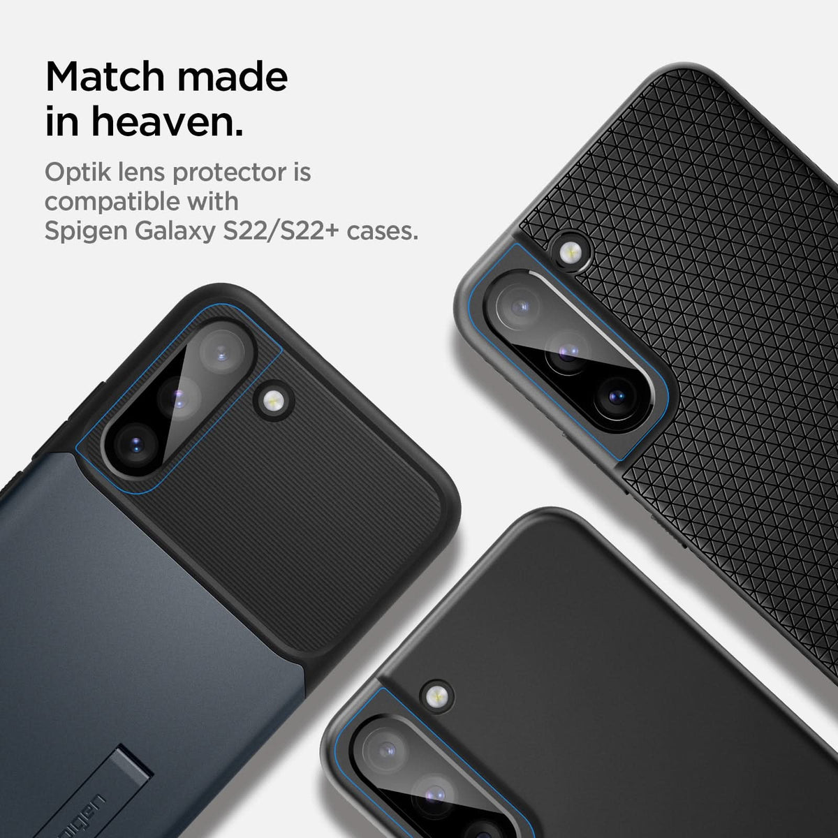 AGL04146 - Galaxy S22 5G Galaxy S22 Plus 5G Optik Lens Protector in black match made in heaven. Optik lens protectors is compatible with spigen galaxy S22, S22+ cases.