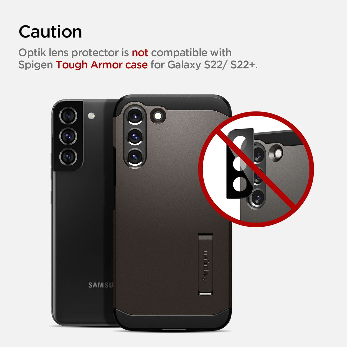 AGL04146 - Galaxy S22 5G Galaxy S22 Plus 5G Optik Lens Protector in black caution Optik lens protector is not compatible with spigen Tough armor case for Galaxy S22,S22+.