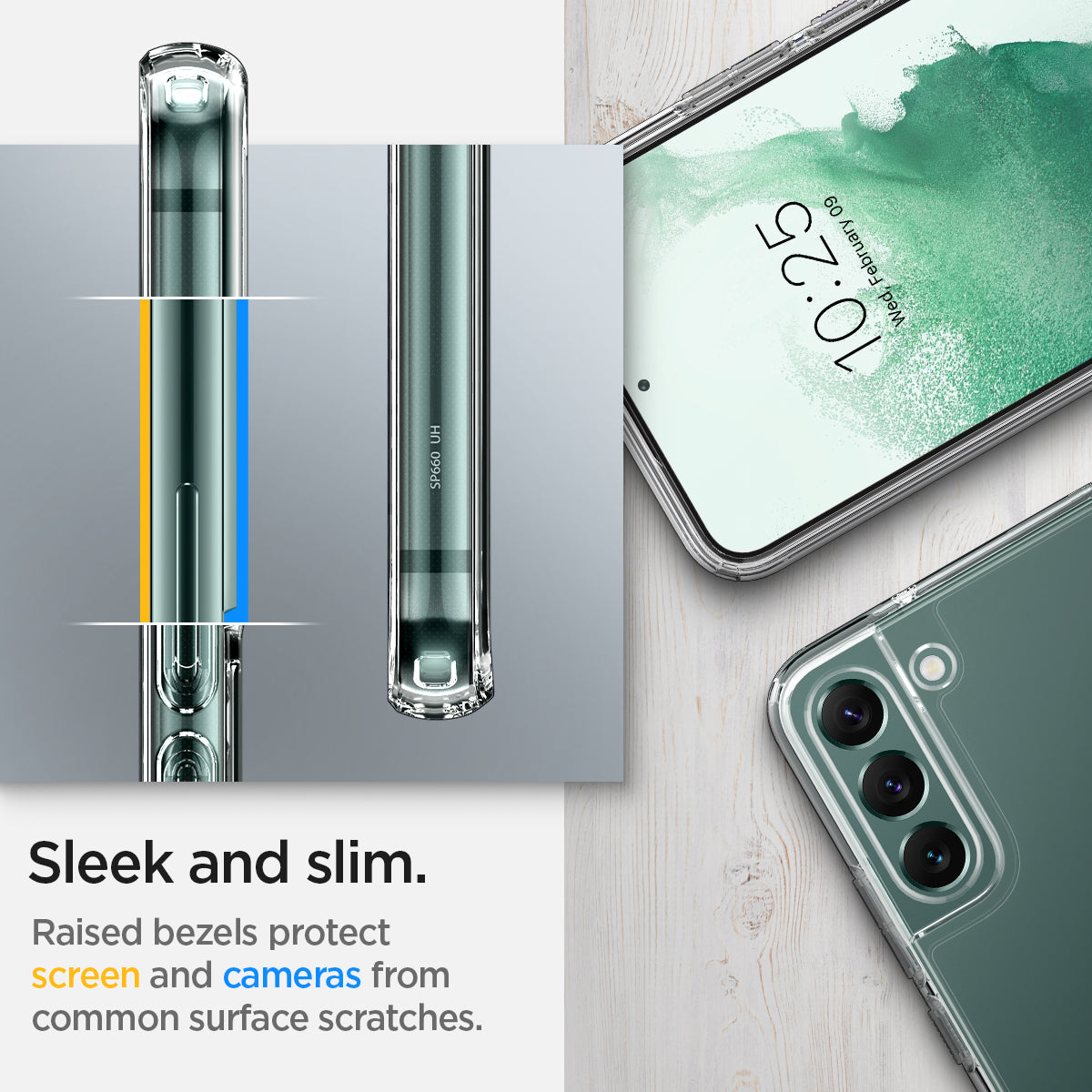 ACS03988 - Galaxy S22 5G Case Ultra Hybrid in crystal clear sleek and slim. Raised bezels protect screen and cameras from common surface scratches.
