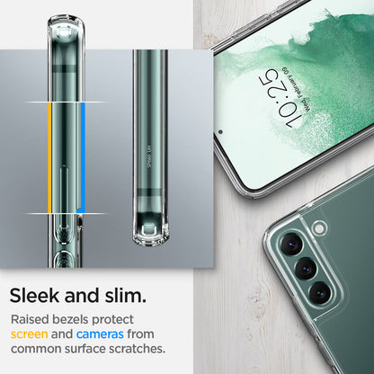 ACS03988 - Galaxy S22 5G Case Ultra Hybrid in crystal clear sleek and slim. Raised bezels protect screen and cameras from common surface scratches.