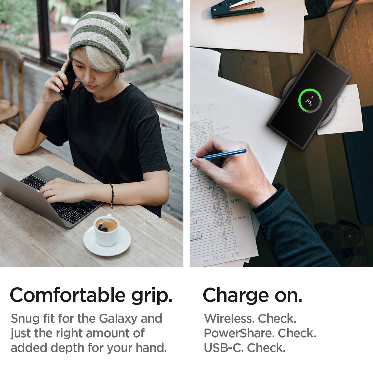 ACS03919 - Galaxy S22 Ultra 5G Case Ultra Hybrid in matte black comfortable grip. snug fit for the galaxy and just the right amount of depth for your hand's comfort. charge on. powershare. wireless charge. USB-C cable.