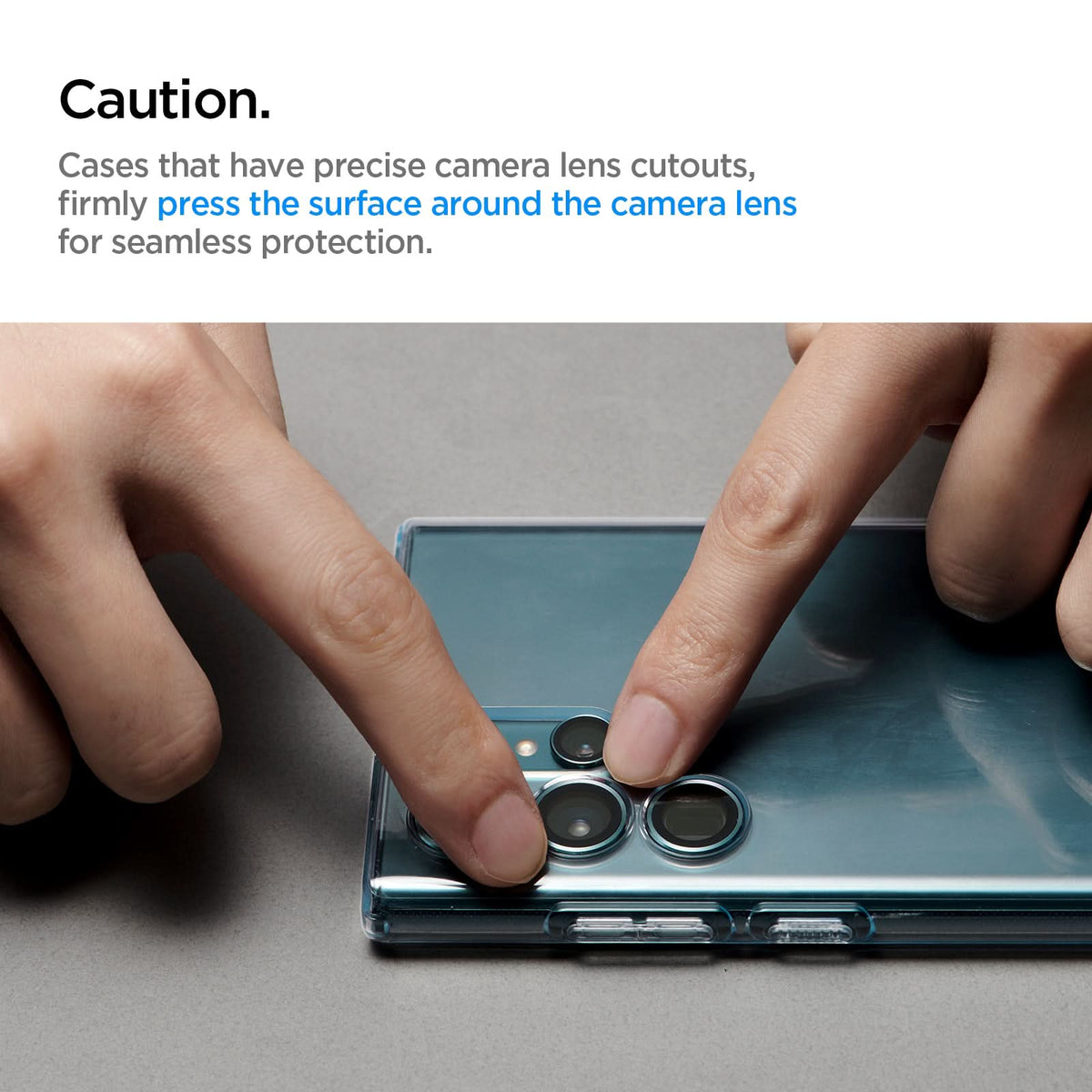 AGL04751 - Galaxy S22 Ultra EZ Fit Optik Pro Lens Protector Glass.tR in black caution cases that have precise camera lens cutouts, firmly press the surface around the camera lens for seamless protection.