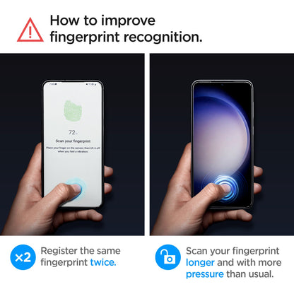 AGL05952 - Galaxy S23 Plus EZ FIT GLAS.tR Screen Protector how to improve fingerprint recognition. Register the same fingerprint twice. Scan your fingerprint longer and with more pressure than usual.