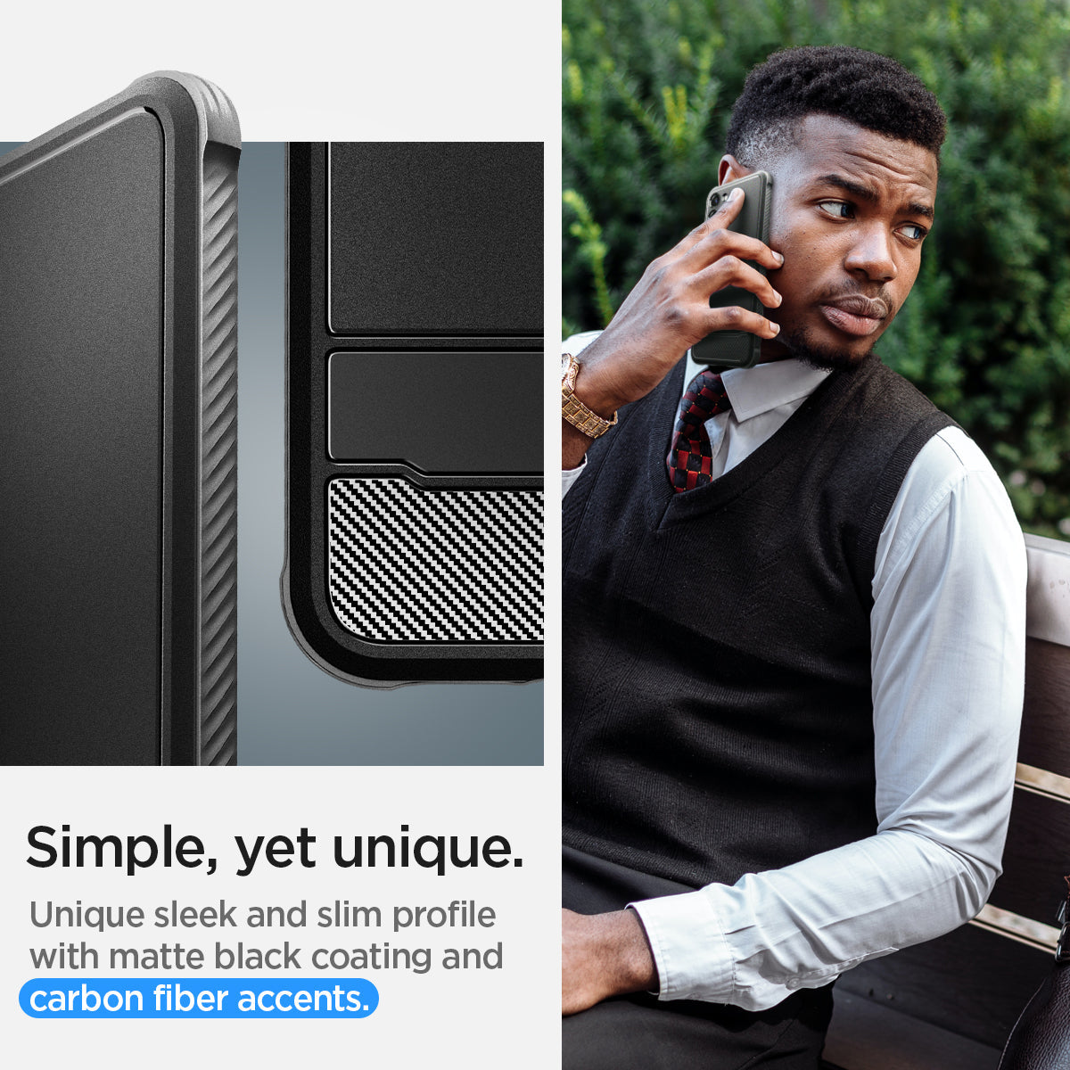 ACS05665 - Galaxy S23 Plus Case Rugged Armor in matte black simple, yet unique. unique sleek and slim profile with matte black coating and carbon fiber accents.