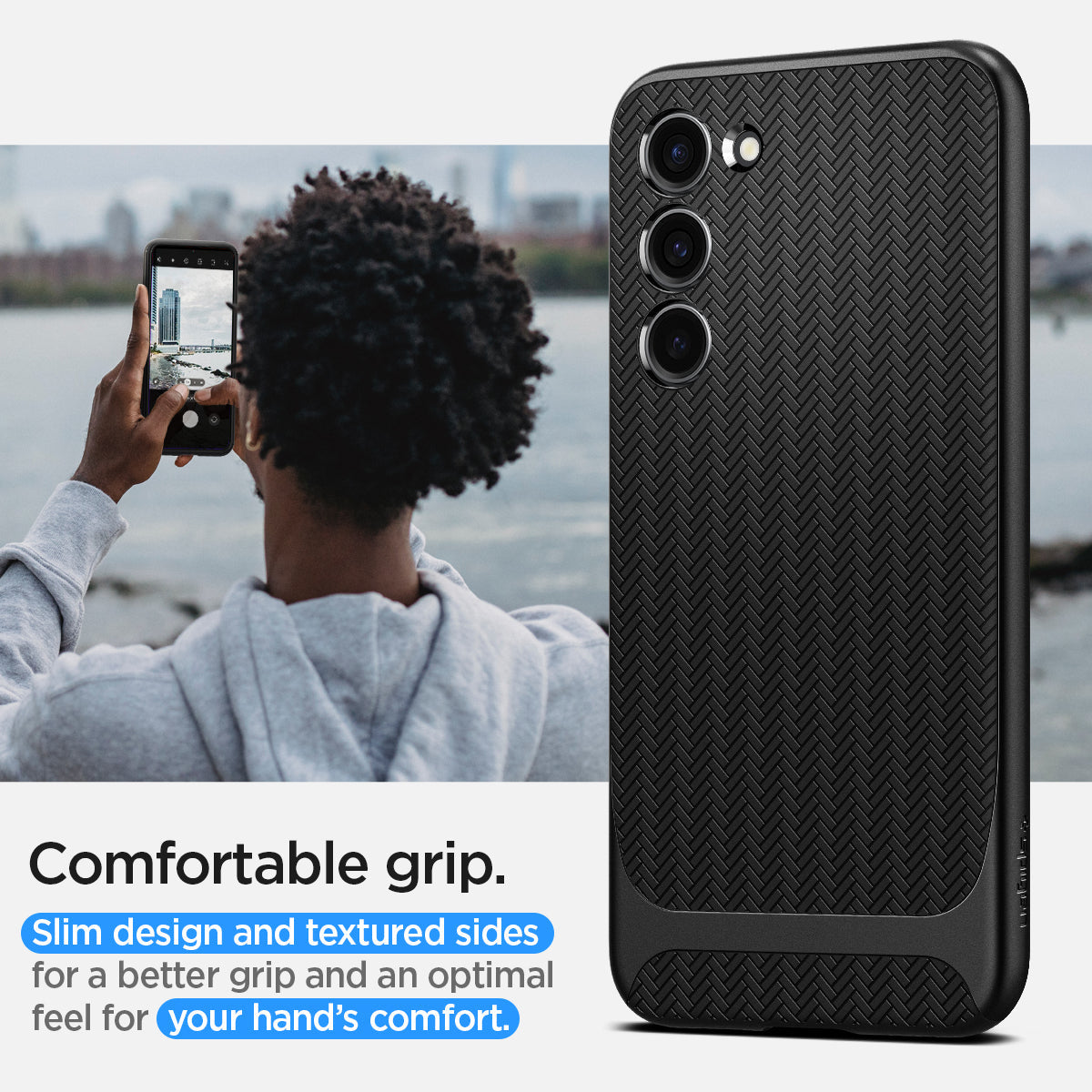 ACS05721 - Galaxy S23 Case Neo Hybrid in black comfortable grip. Slim design and textured sides for a better grip and an optimal feel for your hand's comfort.