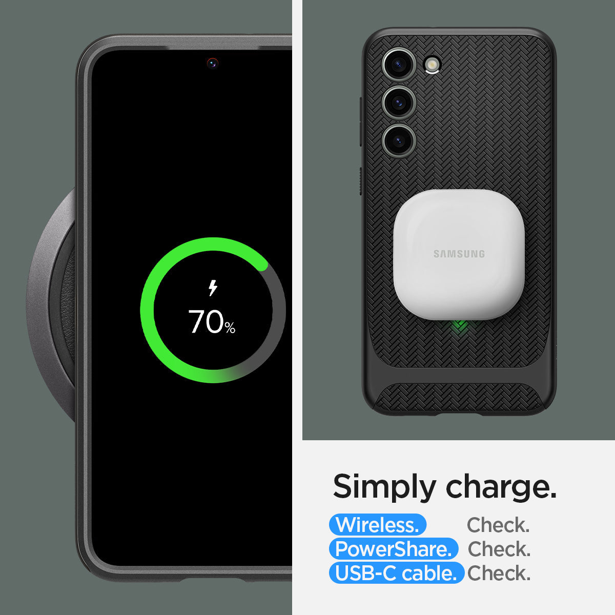 ACS05721 - Galaxy S23 Case Neo Hybrid in black Simply charge wireless check. power share check. USB-C cable.
