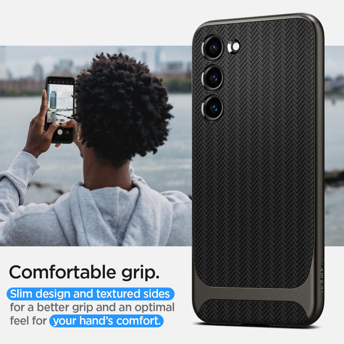 ACS05722 - Galaxy S23 Case Neo Hybrid in gunmetal comfortable grip. Slim design and textured sides for a better grip and an optimal feel for your hand's comfort.