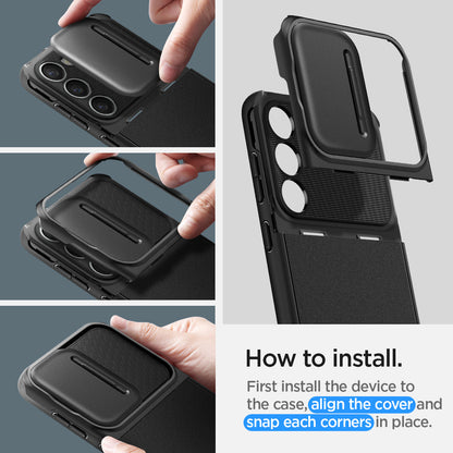 ACS05733 - Galaxy S23 Case Optik Armor in black how to install. First install the device to the case, align the cover and snap each corners in place.