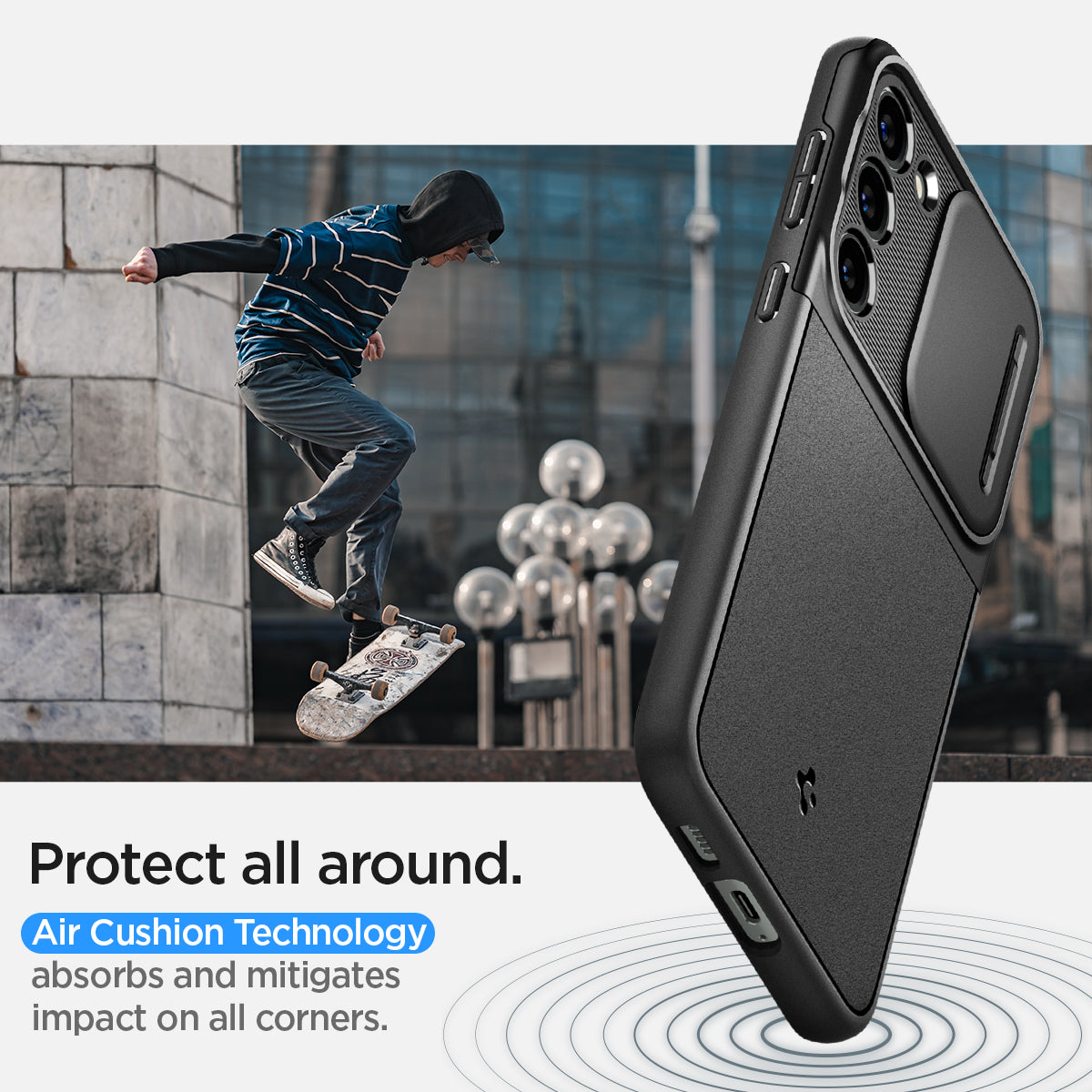 ACS05733 - Galaxy S23 Case Optik Armor in black protect all around. Air cushion technology absorbs and mitigates impact on all corners.