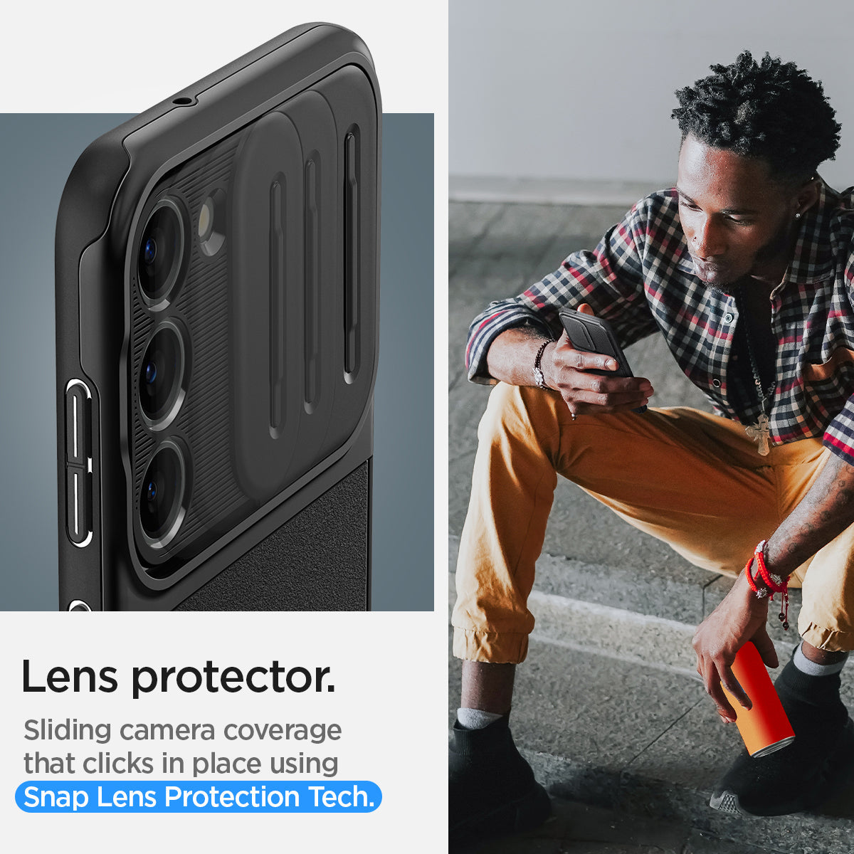 ACS05687 - Galaxy S23 Plus Case Optik Armor in black lens protector. Gliding camera coverage that clicks n place using Snap lens protection tech.