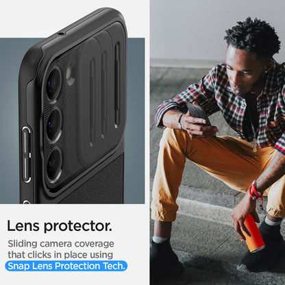 ACS05687 - Galaxy S23 Plus Case Optik Armor in black lens protector. Gliding camera coverage that clicks n place using Snap lens protection tech.