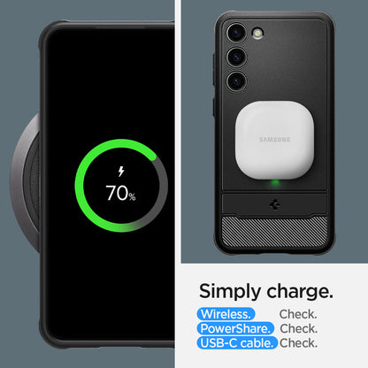 ACS05711 - Galaxy S23 Case Rugged Armor in matte black Simply charge wireless check. power share check. USB-C cable.