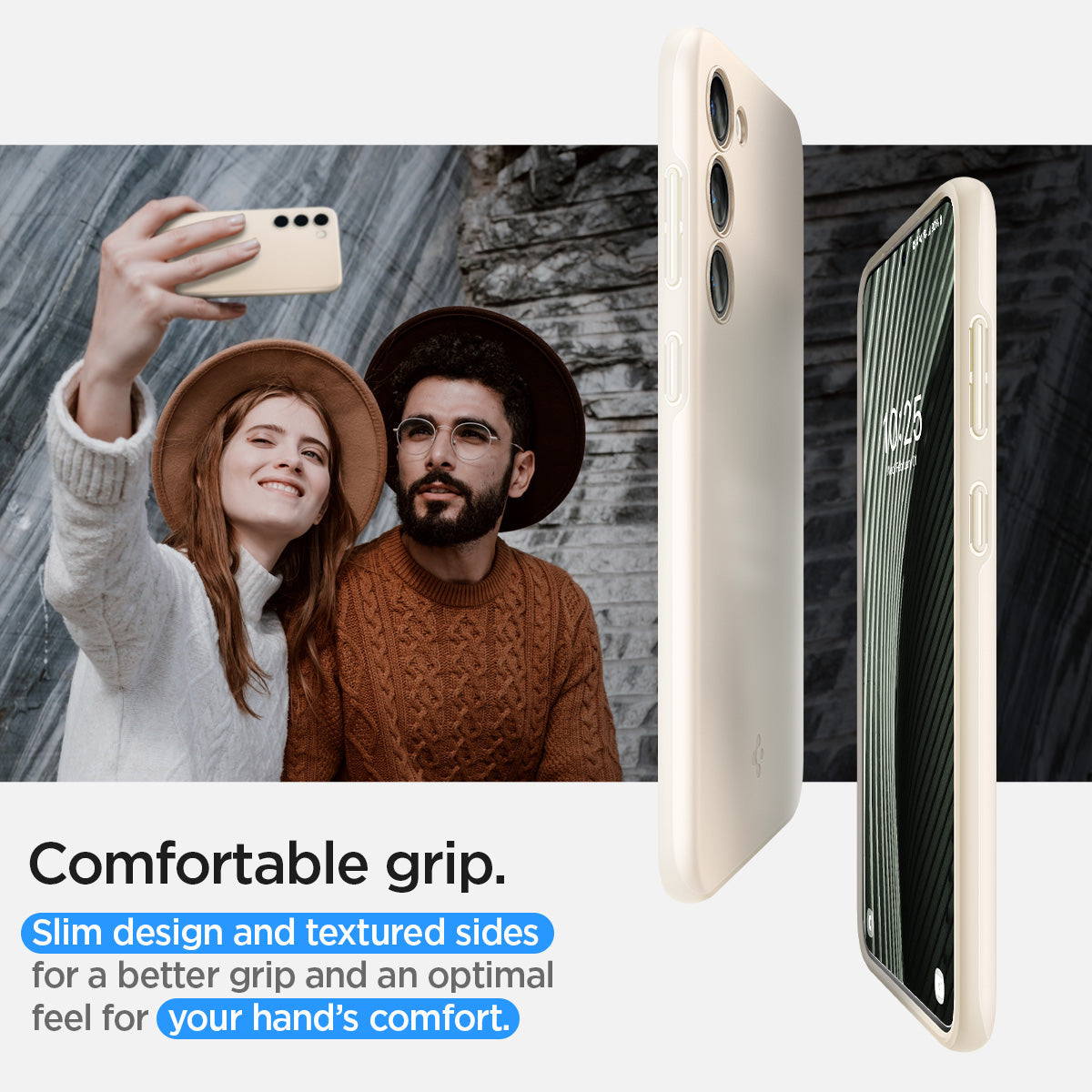 ACS06083 - Galaxy S23 Case Thin Fit in pearled ivory showing the comfortable grip. Slim design and textured sides for a better grip and an optional feel for your hand's comfort