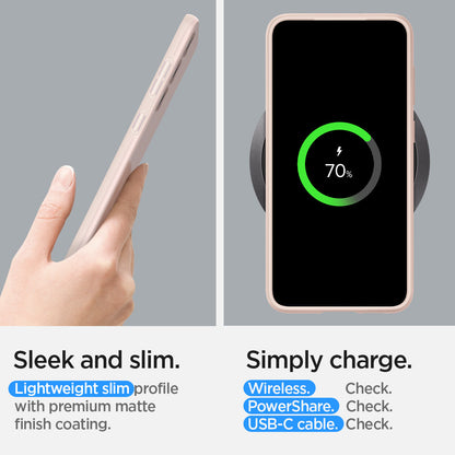 ACS06085 - Galaxy S23 Case Thin Fit in pink sand showing the sleek and slim. Lightweight slim profile with premium matte finish. Simply charge. Wireless, PowerShare and USB-C all check