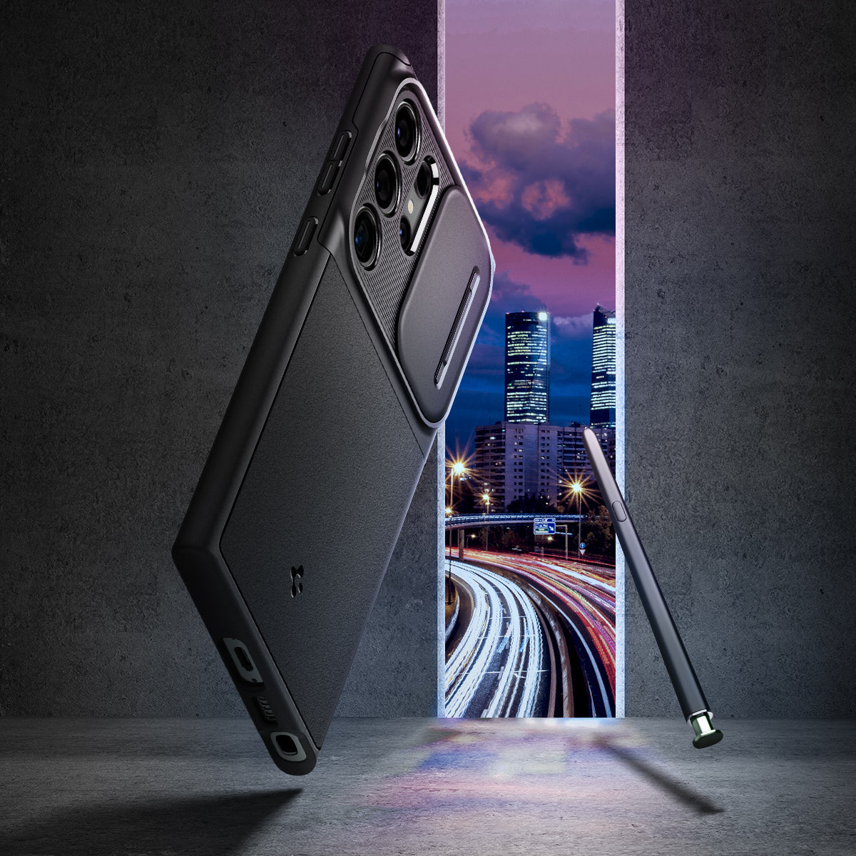 ACS05639 - Galaxy S23 Ultra Case Optik Armor in black showing shine city and phone with the pen.