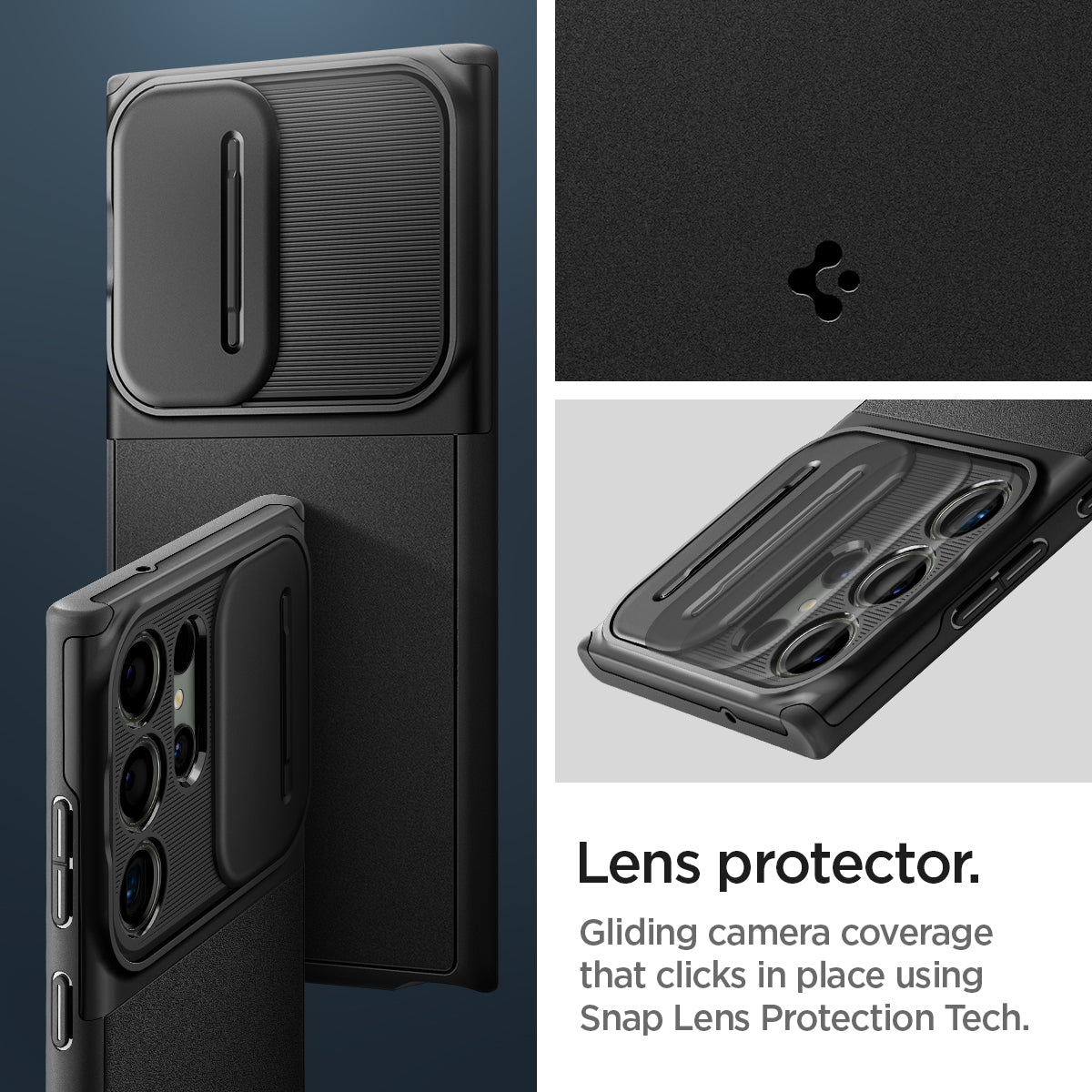ACS05639 - Galaxy S23 Ultra Case Optik Armor in black lens protector. Gliding camera coverage that clicks n place using Snap lens protection tech.