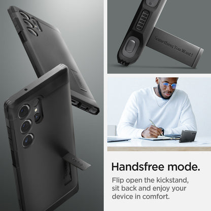 ACS05623 - Galaxy S23 Ultra Case Tough Armor in black handsfree mode. Flip open the kickstand, sit back and enjoy your device in comfort.