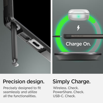 ACS05624 - Galaxy S23 Ultra Case Tough Armor in gunmetal precision design. precisely designed to fit seamlessly and utilize all functionalities. Simply charge wireless check. power share check. USB-C cable.
