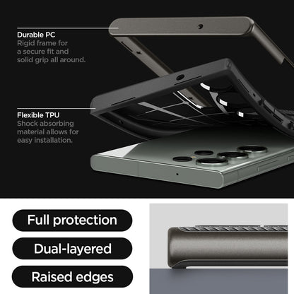 ACS05627 - Galaxy S23 Ultra Case Neo Hybrid in gunmetal durable PC. Rigid frame for a secure fit and solid grip all around. Flexible TPU. Shock absorbing material allows for easy installation. Full protection. Dual layered. Raised edges.