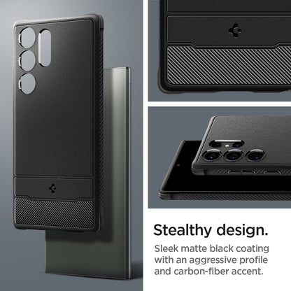 ACS05613 - Galaxy S23 Ultra Case Rugged Armor in matte black stealthy design. Sleek matte black coating with an aggressive profile and carbon fiber accent.