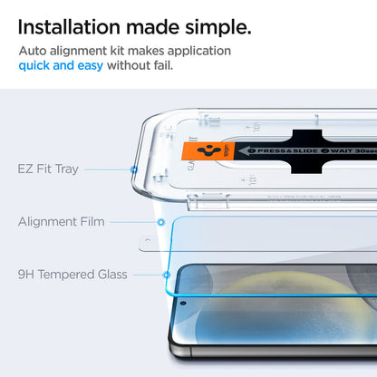 AGL07438 - Galaxy S24 GLAS.tR EZ Fit in Transparency showing the installation made simple. Auto alignment kit makes application quick and easy without fail. EZ Fit Tray, Alignment Film and 9H Tempered Glass