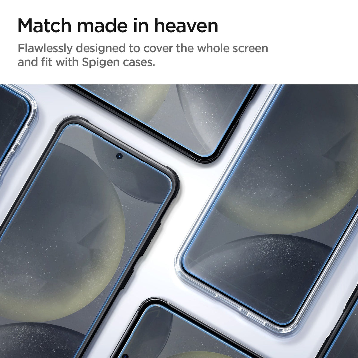 AGL07438 - Galaxy S24 GLAS.tR EZ Fit in Transparency showing the match made in heaven. Flawlessly designed to cover the whole screen and fit with Spigen cases